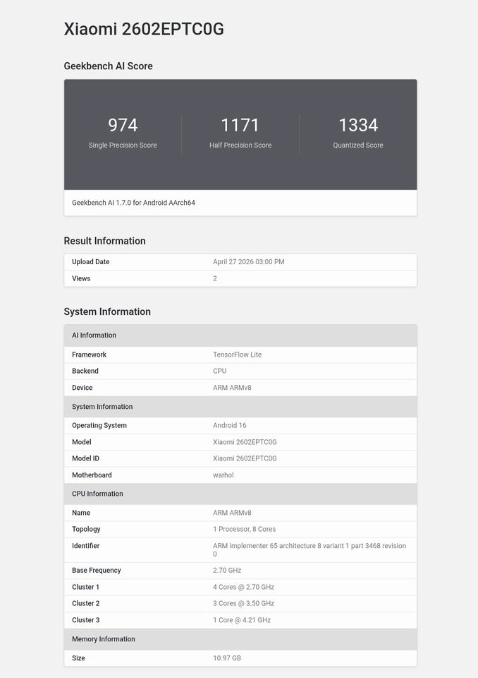 Xiaomi 17T Pro Geekbench