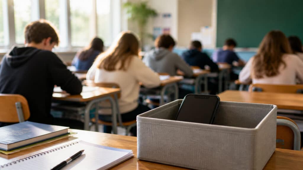 Classroom study session in focus banned smartphones
