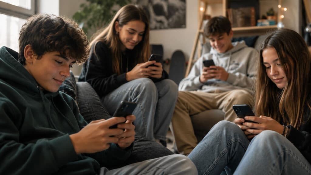 Teen hangout with phones and smiles