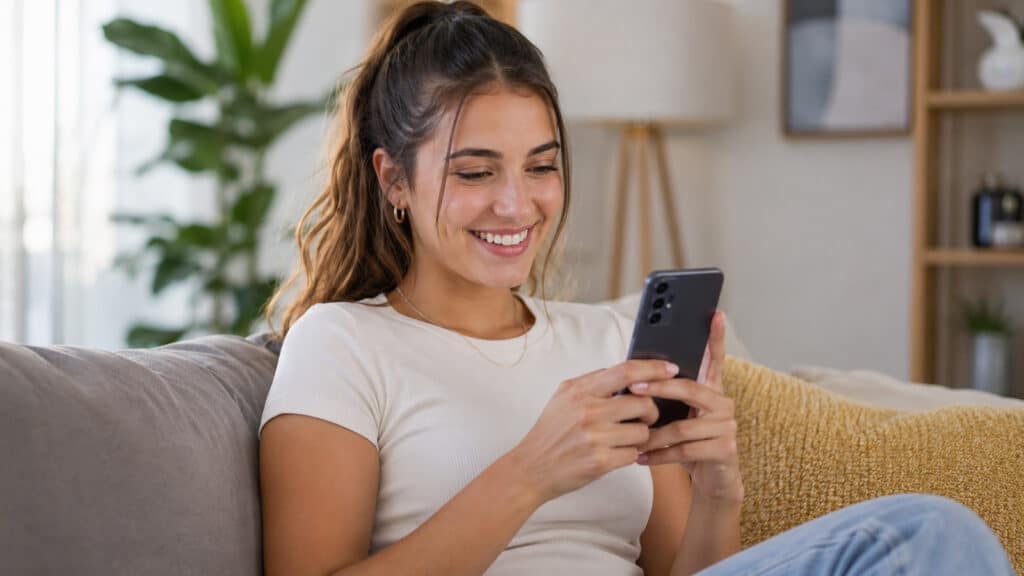 young woman happy Galaxy smartphone lifesytle