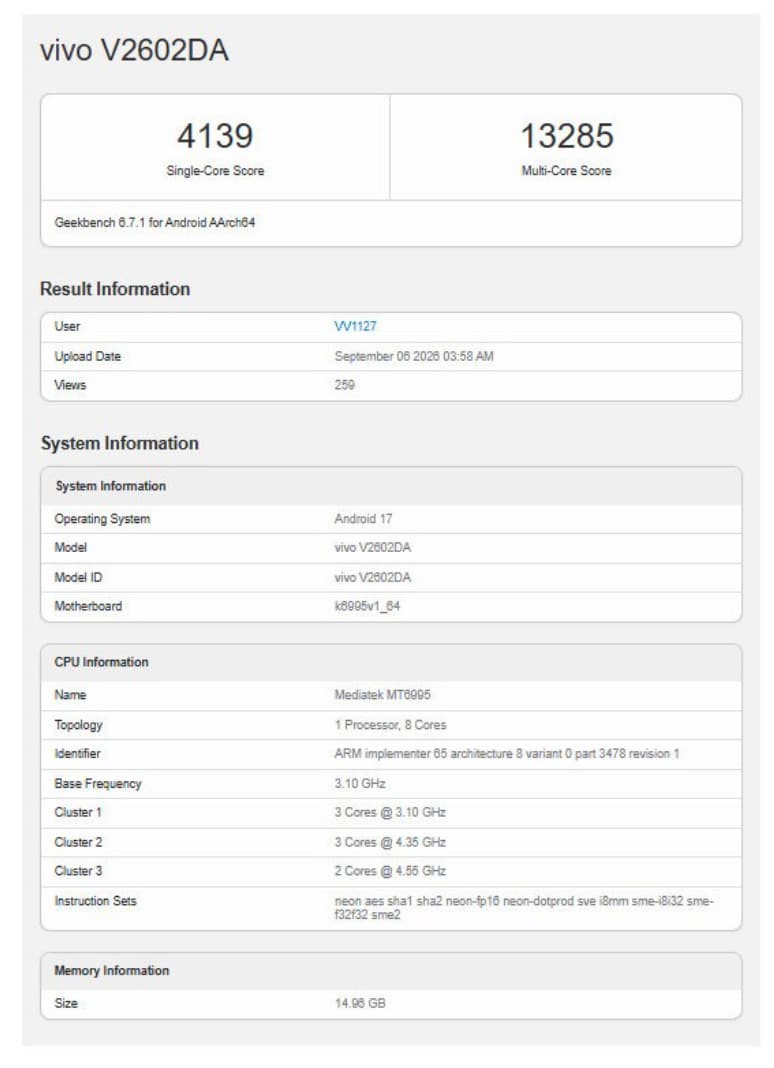 MediaTek Dimensity 9600 on Geekbench